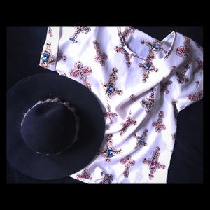 Flowy all-over jewel encrusted cross blouse